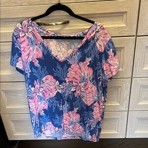 Lilly Pulitzer Blue and Pink Floral V-Neck Top